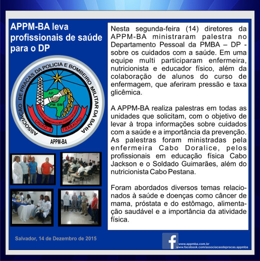 APPM-BA leva profissionais de saúde para o DP