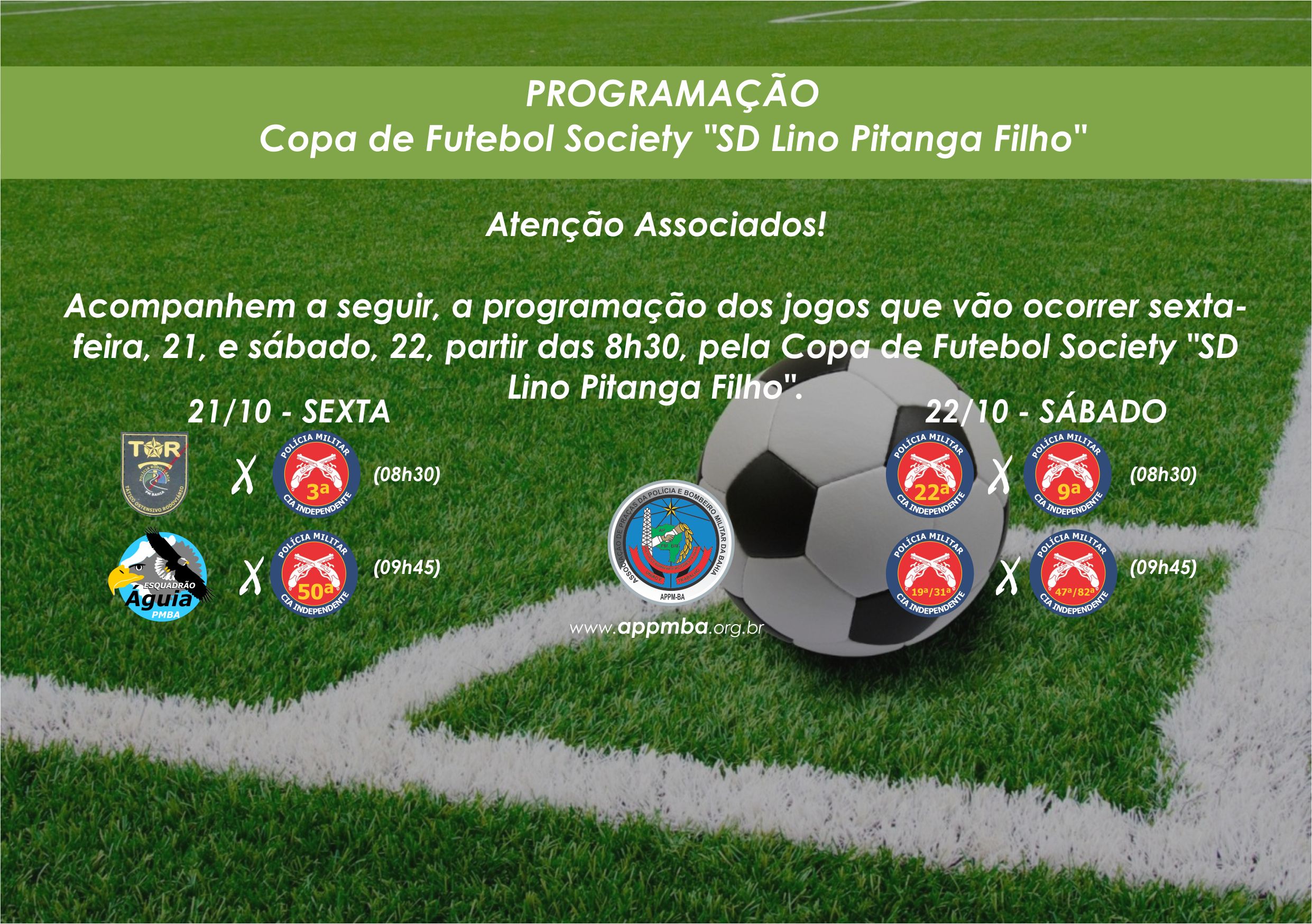 Programação da Copa SD Lino Pitanga, dias 21 e 22/10