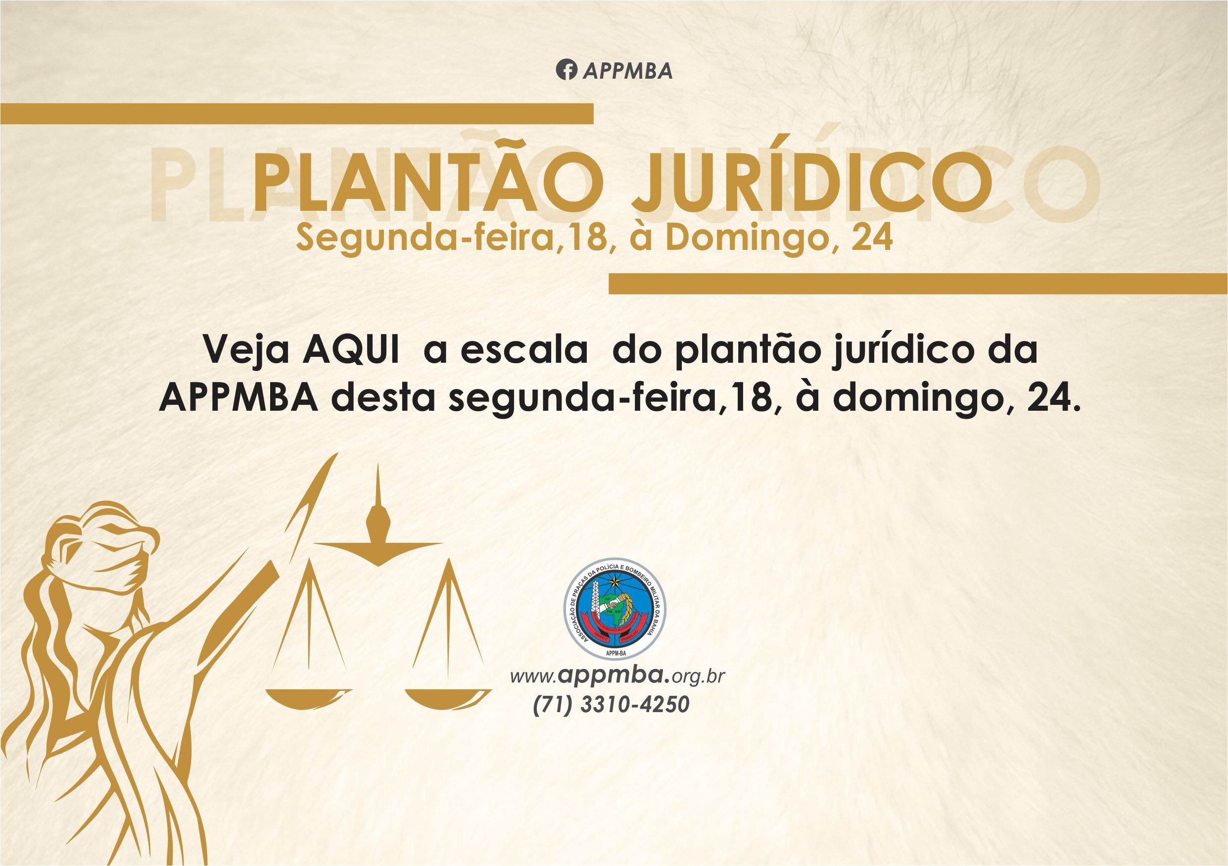 Plantão Jurídico APPM-BA, dias 18 à 24/9