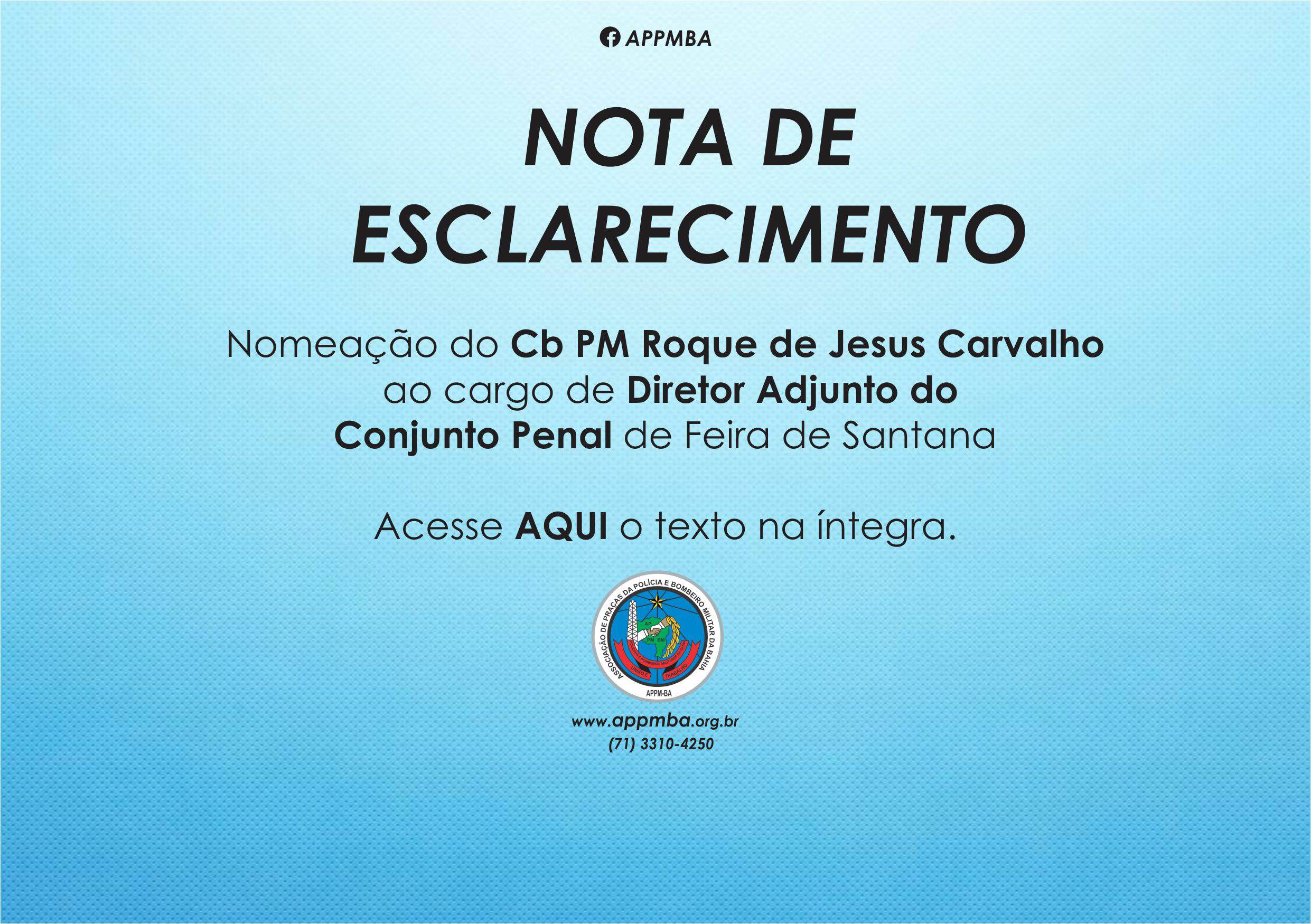 Nota de Esclarecimento - Nomeação CB PM Roque de Jesus Carvalho