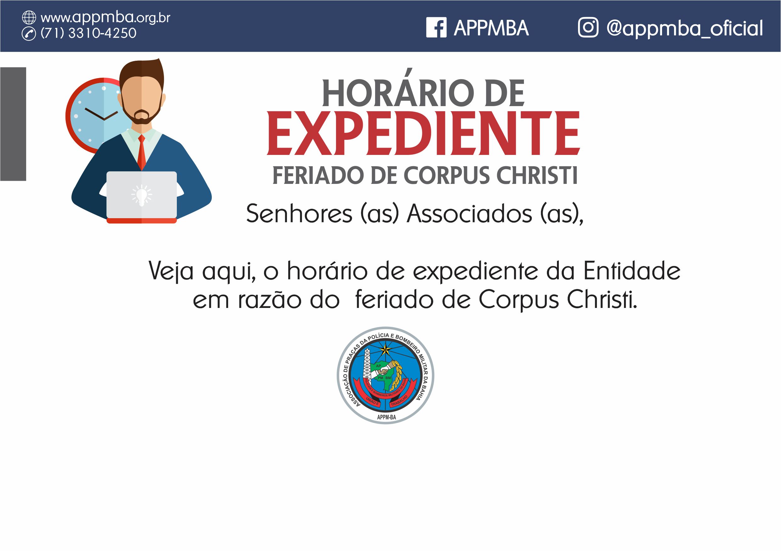 Horário de expediente - Corpus Christi 2018