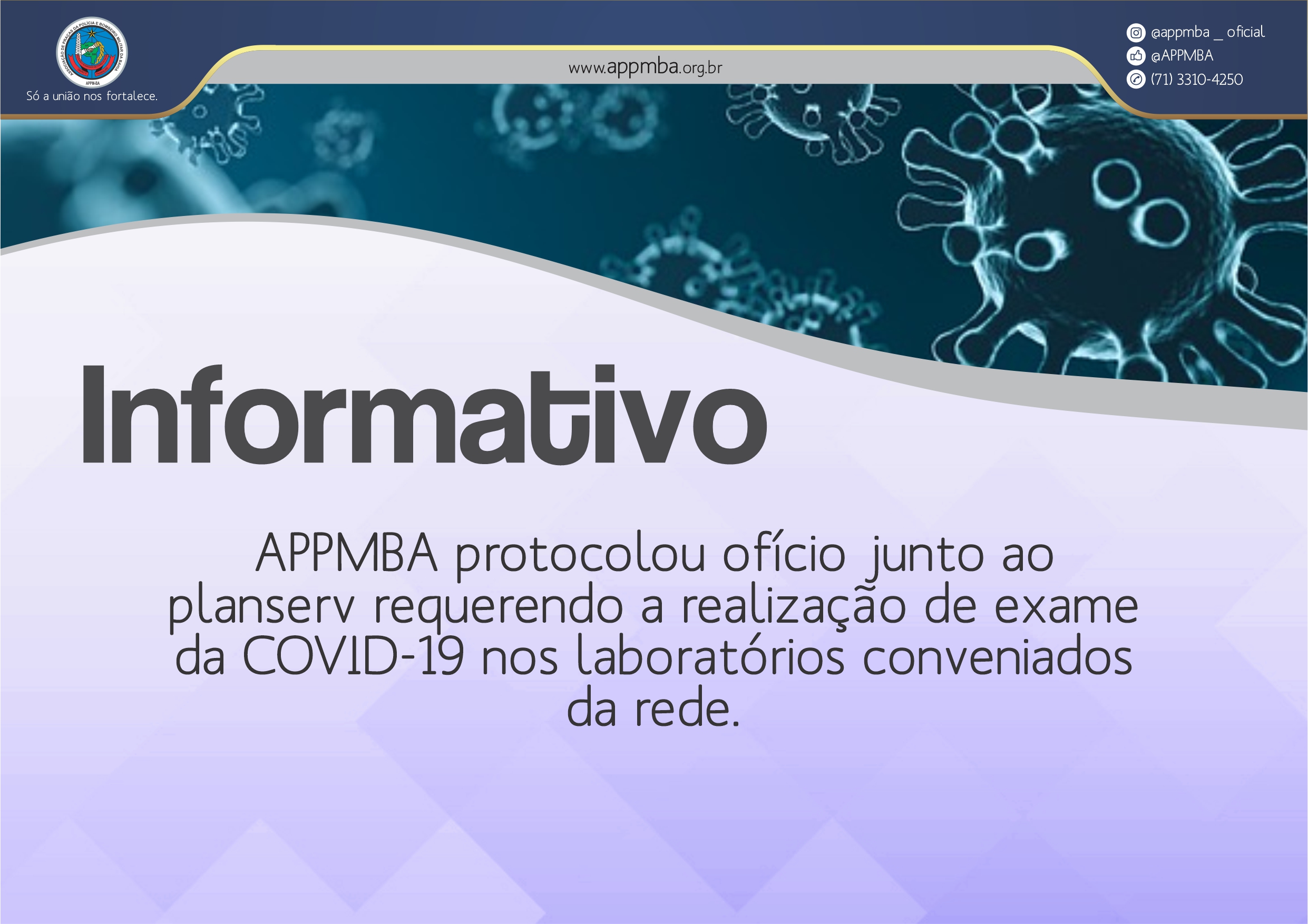 APPMBA protocolou ofício junto ao planserv requerendo a realização de exame da COVID-19 nos laboratórios conveniados da rede