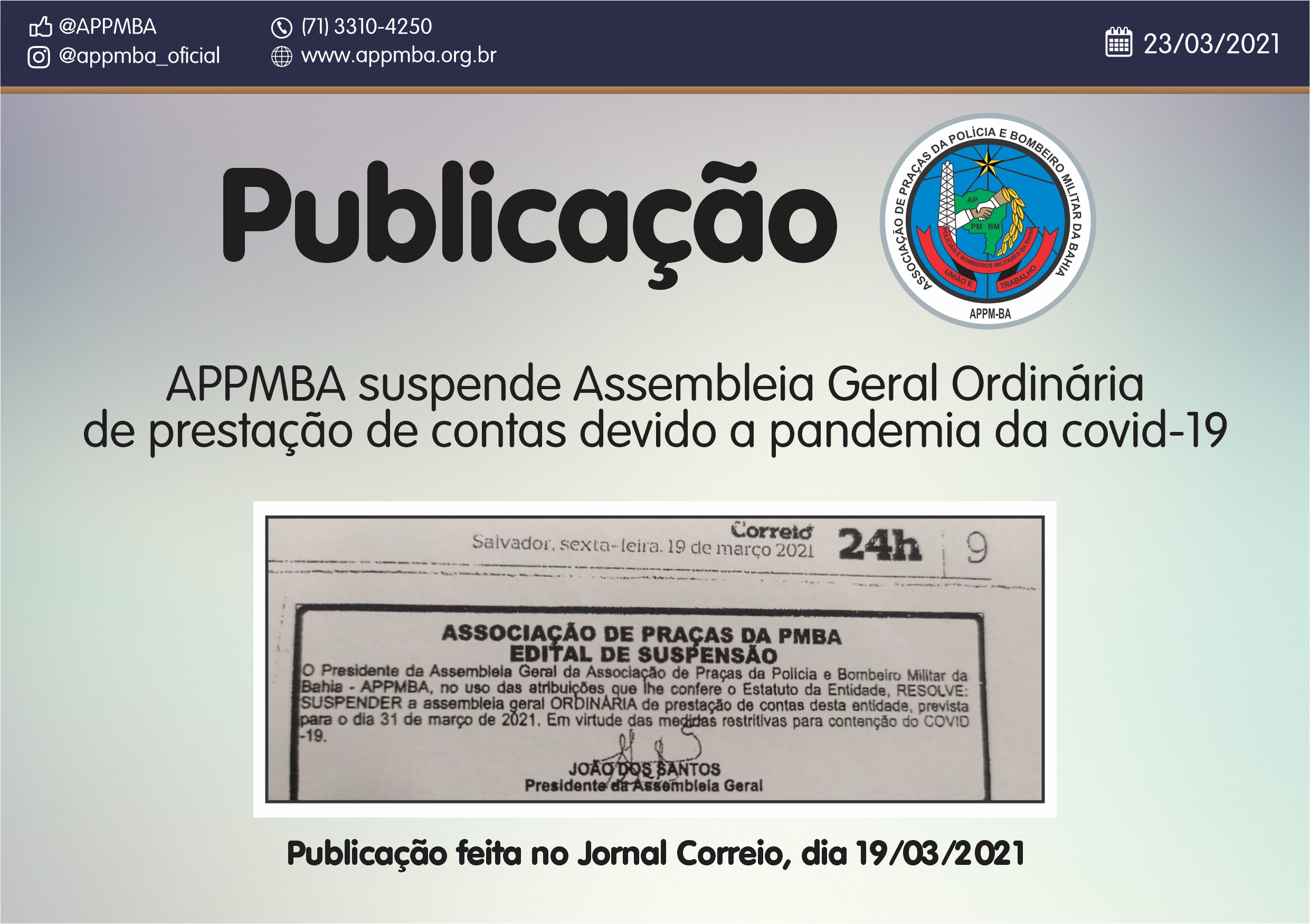APPMBA suspende Assembleia Geral Ordinária de prestação de contas devido a pandemia da covid-19
